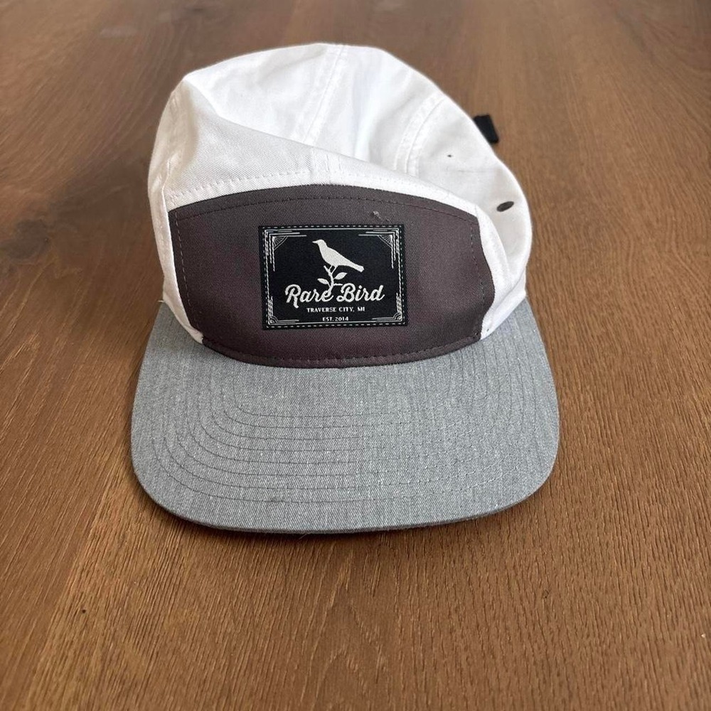 Rare Bird Traverse City Michigan 5 Panel Camper Hat White Gray Red Flat Bill Cap
